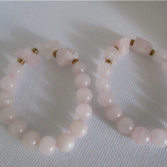 Vintage Rose Quartz Bracelet Set Stretch Elastic Pink Stone Beads Boho Luxe Glam - Picture 1 of 16